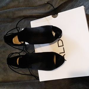 Aldo black suede open toe heels ankle ties size 7